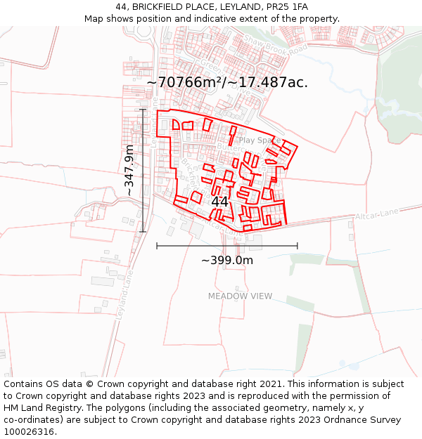 44, BRICKFIELD PLACE, LEYLAND, PR25 1FA: Plot and title map