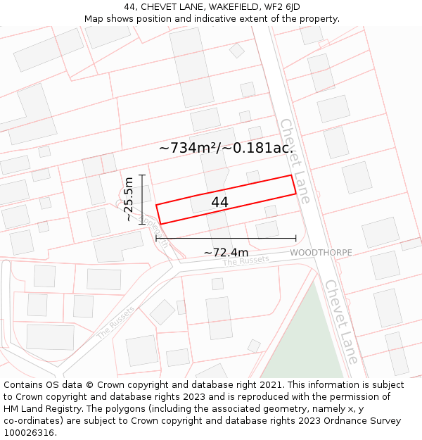 44, CHEVET LANE, WAKEFIELD, WF2 6JD: Plot and title map