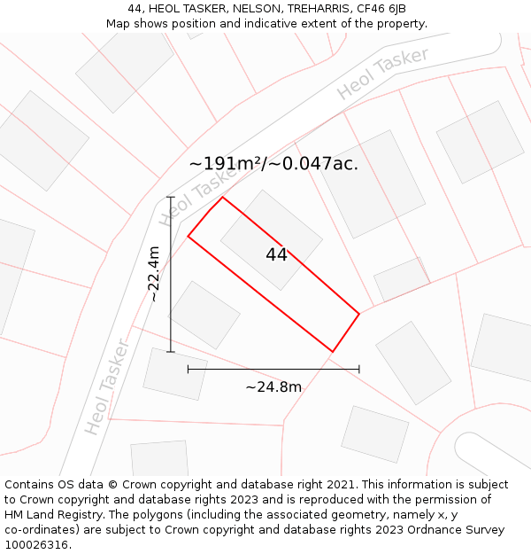 44, HEOL TASKER, NELSON, TREHARRIS, CF46 6JB: Plot and title map