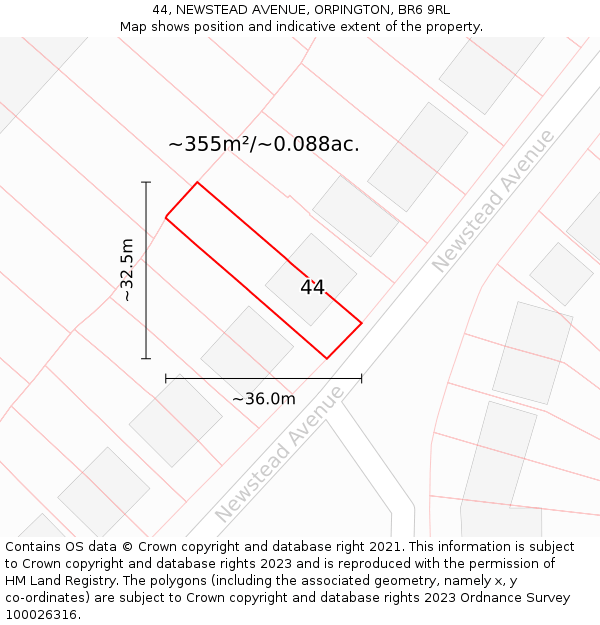44, NEWSTEAD AVENUE, ORPINGTON, BR6 9RL: Plot and title map