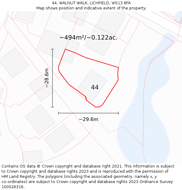 44, WALNUT WALK, LICHFIELD, WS13 8FA: Plot and title map