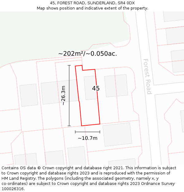 45, FOREST ROAD, SUNDERLAND, SR4 0DX: Plot and title map