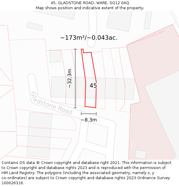 45, GLADSTONE ROAD, WARE, SG12 0AQ: Plot and title map