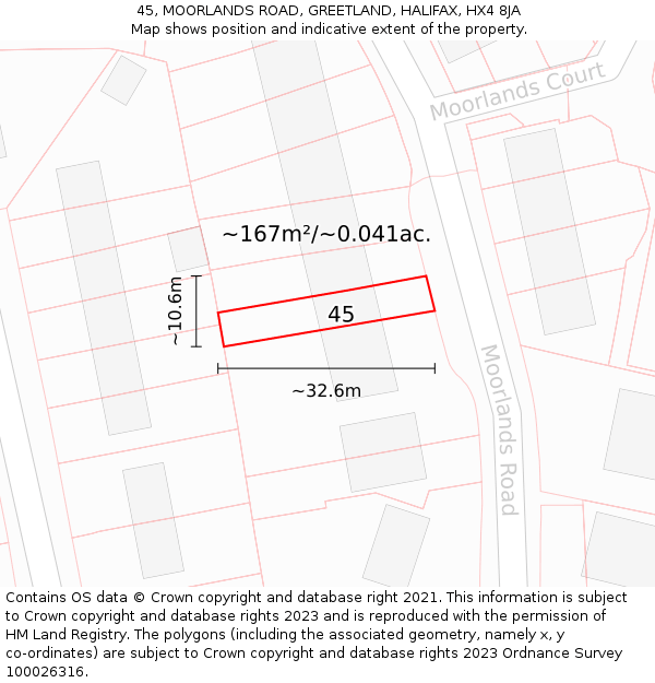 45, MOORLANDS ROAD, GREETLAND, HALIFAX, HX4 8JA: Plot and title map