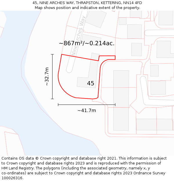 45, NINE ARCHES WAY, THRAPSTON, KETTERING, NN14 4FD: Plot and title map