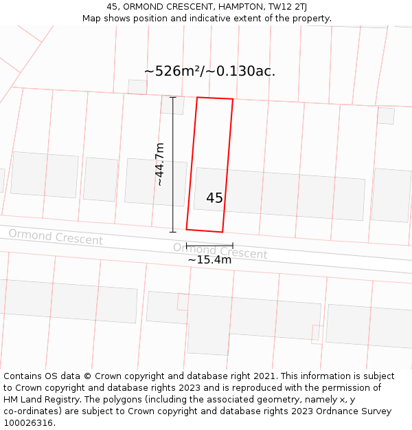 45, ORMOND CRESCENT, HAMPTON, TW12 2TJ: Plot and title map