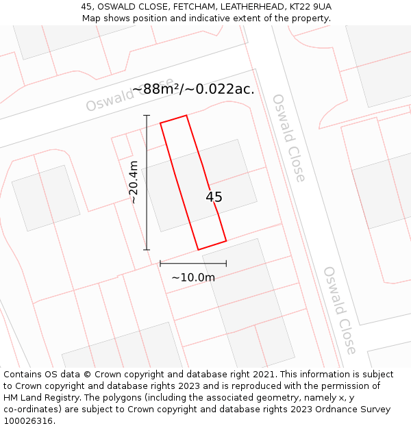 45, OSWALD CLOSE, FETCHAM, LEATHERHEAD, KT22 9UA: Plot and title map