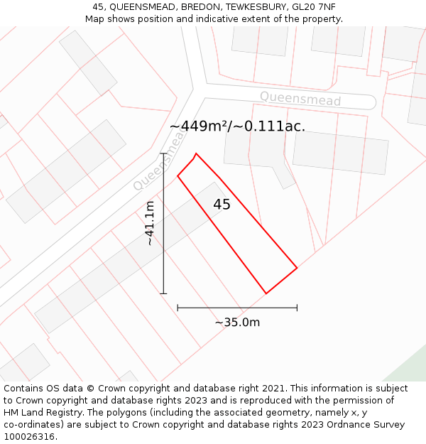 45, QUEENSMEAD, BREDON, TEWKESBURY, GL20 7NF: Plot and title map