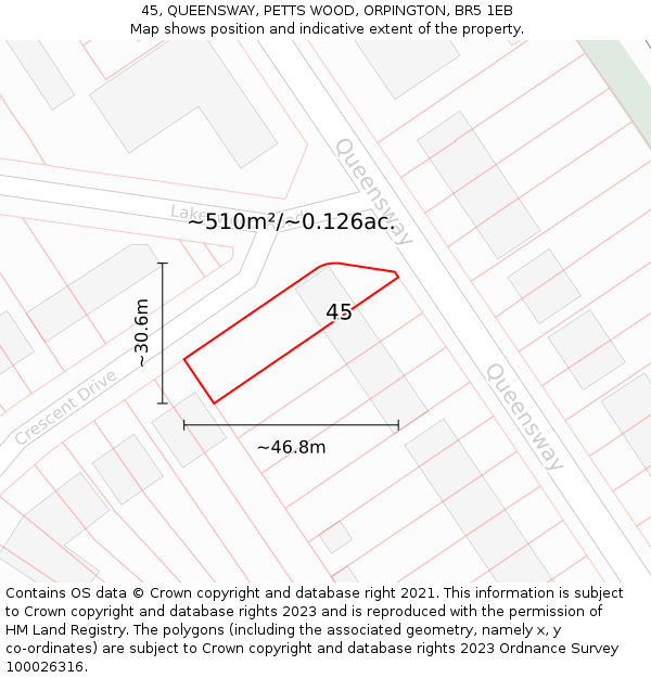 45, QUEENSWAY, PETTS WOOD, ORPINGTON, BR5 1EB: Plot and title map