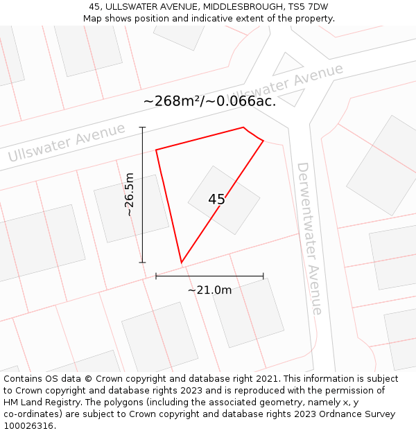 45, ULLSWATER AVENUE, MIDDLESBROUGH, TS5 7DW: Plot and title map