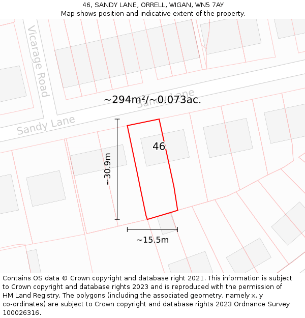 46, SANDY LANE, ORRELL, WIGAN, WN5 7AY: Plot and title map
