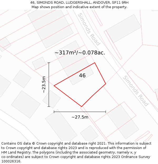 46, SIMONDS ROAD, LUDGERSHALL, ANDOVER, SP11 9RH: Plot and title map