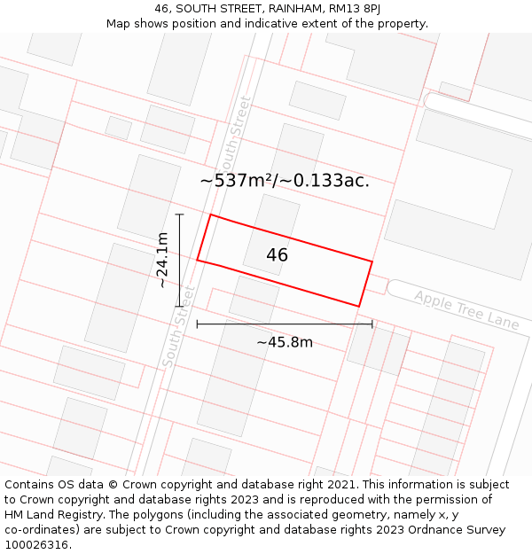 46, SOUTH STREET, RAINHAM, RM13 8PJ: Plot and title map