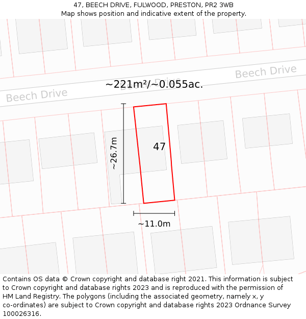 47, BEECH DRIVE, FULWOOD, PRESTON, PR2 3WB: Plot and title map