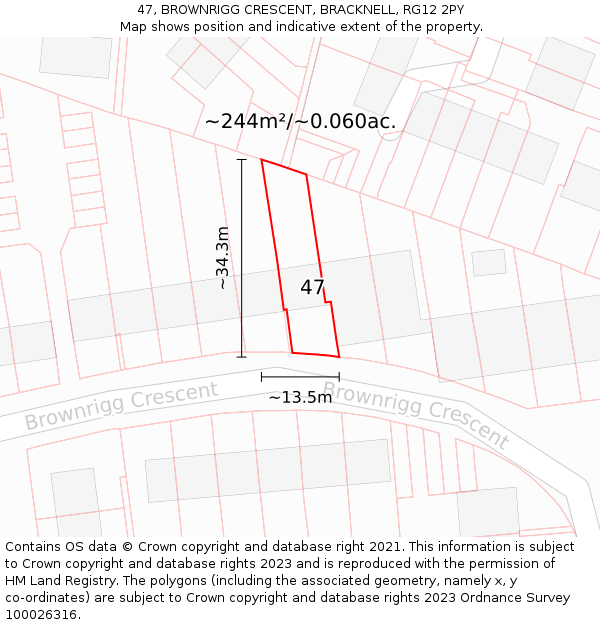 47, BROWNRIGG CRESCENT, BRACKNELL, RG12 2PY: Plot and title map
