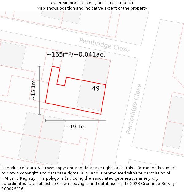 49, PEMBRIDGE CLOSE, REDDITCH, B98 0JP: Plot and title map