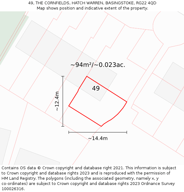49, THE CORNFIELDS, HATCH WARREN, BASINGSTOKE, RG22 4QD: Plot and title map
