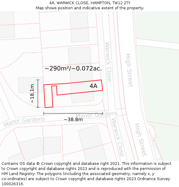 4A, WARWICK CLOSE, HAMPTON, TW12 2TY: Plot and title map