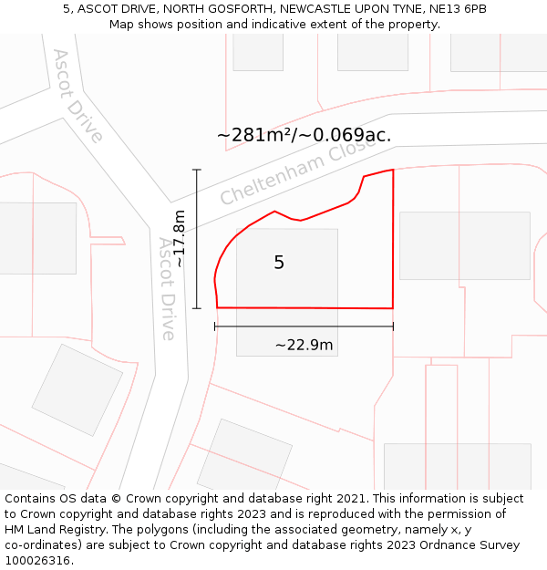 5, ASCOT DRIVE, NORTH GOSFORTH, NEWCASTLE UPON TYNE, NE13 6PB: Plot and title map