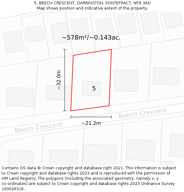 5, BEECH CRESCENT, DARRINGTON, PONTEFRACT, WF8 3AD: Plot and title map