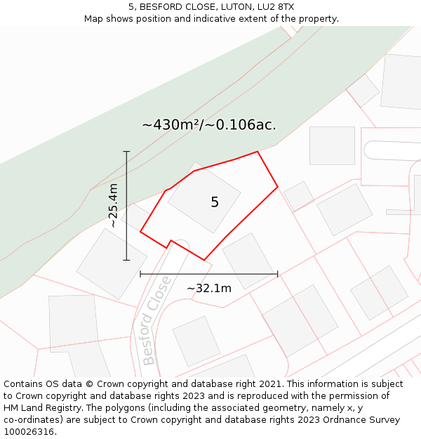 5, BESFORD CLOSE, LUTON, LU2 8TX: Plot and title map