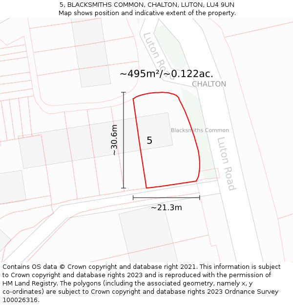 5, BLACKSMITHS COMMON, CHALTON, LUTON, LU4 9UN: Plot and title map