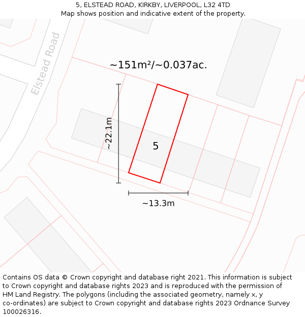 5, ELSTEAD ROAD, KIRKBY, LIVERPOOL, L32 4TD: Plot and title map