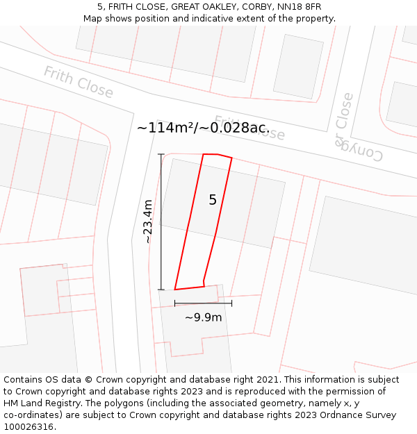 5, FRITH CLOSE, GREAT OAKLEY, CORBY, NN18 8FR: Plot and title map