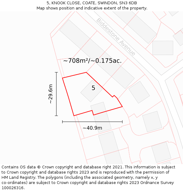 5, KNOOK CLOSE, COATE, SWINDON, SN3 6DB: Plot and title map