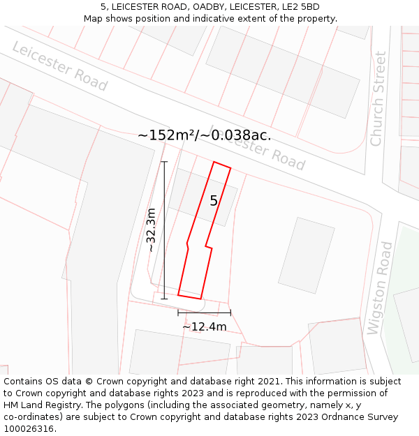 5, LEICESTER ROAD, OADBY, LEICESTER, LE2 5BD: Plot and title map