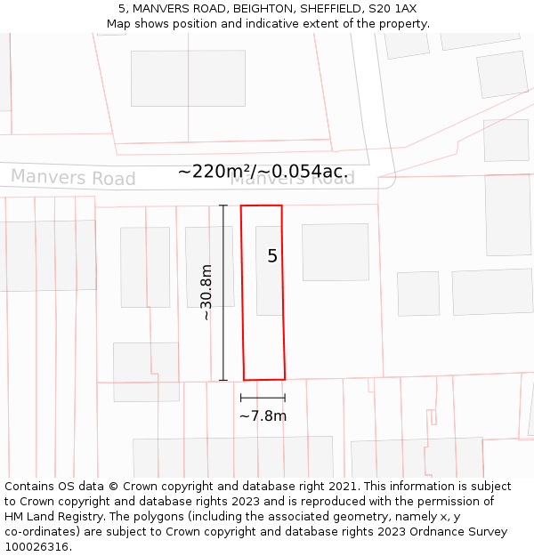 5, MANVERS ROAD, BEIGHTON, SHEFFIELD, S20 1AX: Plot and title map