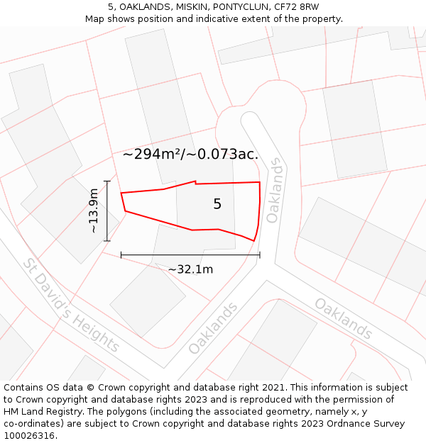 5, OAKLANDS, MISKIN, PONTYCLUN, CF72 8RW: Plot and title map