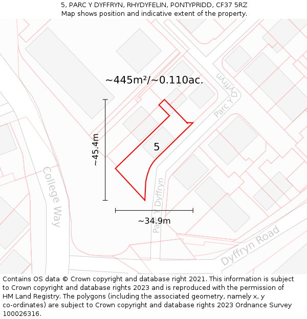 5, PARC Y DYFFRYN, RHYDYFELIN, PONTYPRIDD, CF37 5RZ: Plot and title map