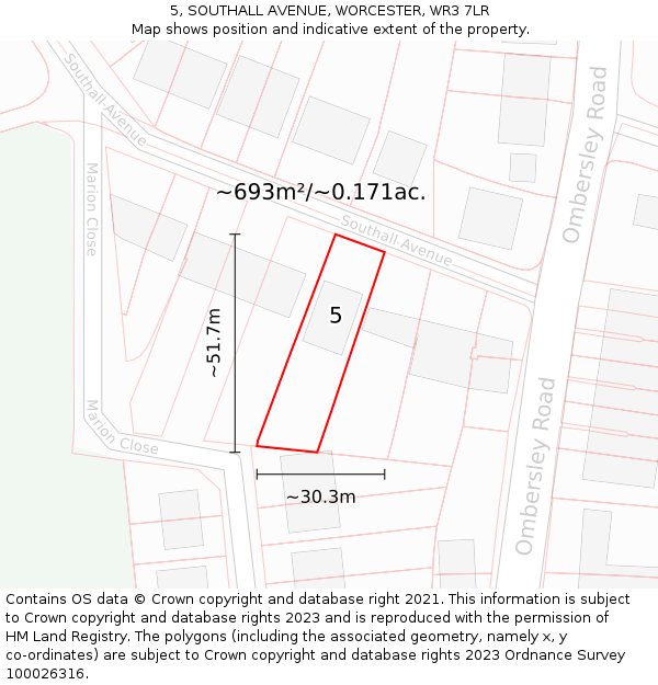5, SOUTHALL AVENUE, WORCESTER, WR3 7LR: Plot and title map
