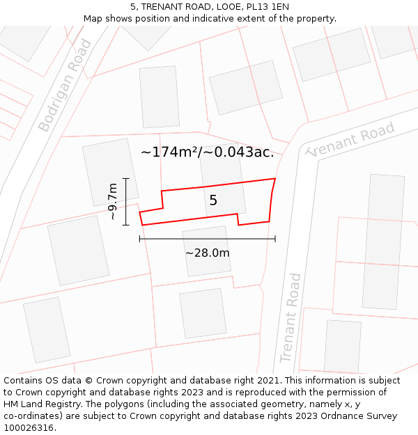 5, TRENANT ROAD, LOOE, PL13 1EN: Plot and title map