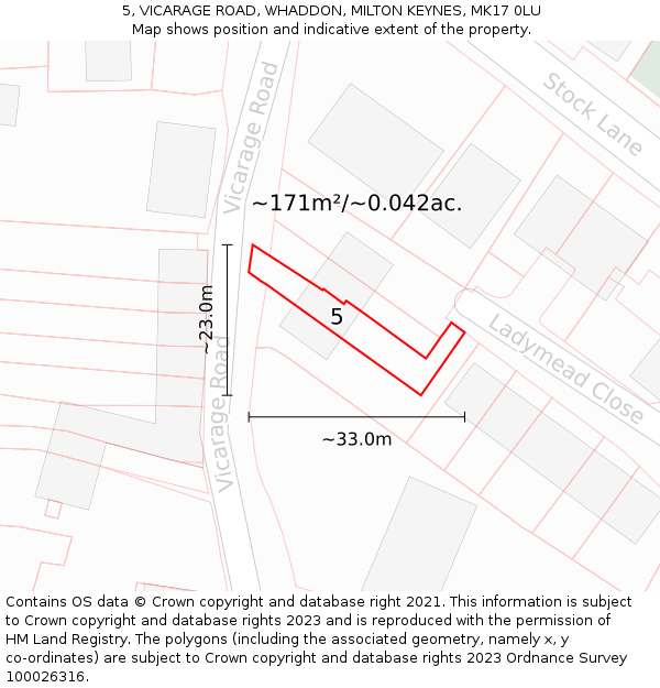 5, VICARAGE ROAD, WHADDON, MILTON KEYNES, MK17 0LU: Plot and title map