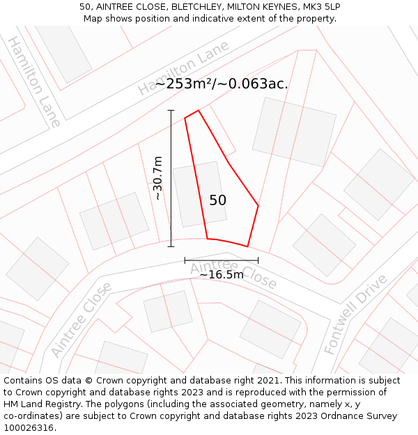 50, AINTREE CLOSE, BLETCHLEY, MILTON KEYNES, MK3 5LP: Plot and title map