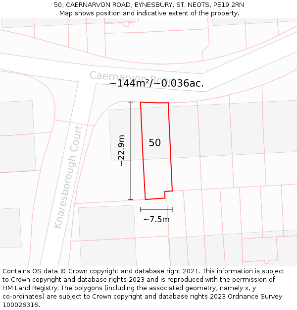 50, CAERNARVON ROAD, EYNESBURY, ST NEOTS, PE19 2RN: Plot and title map