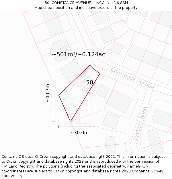 50, CONSTANCE AVENUE, LINCOLN, LN6 8SN: Plot and title map