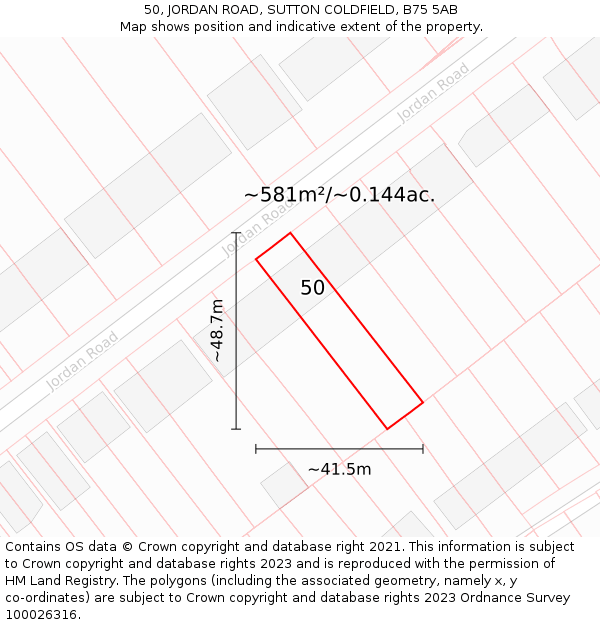 50, JORDAN ROAD, SUTTON COLDFIELD, B75 5AB: Plot and title map