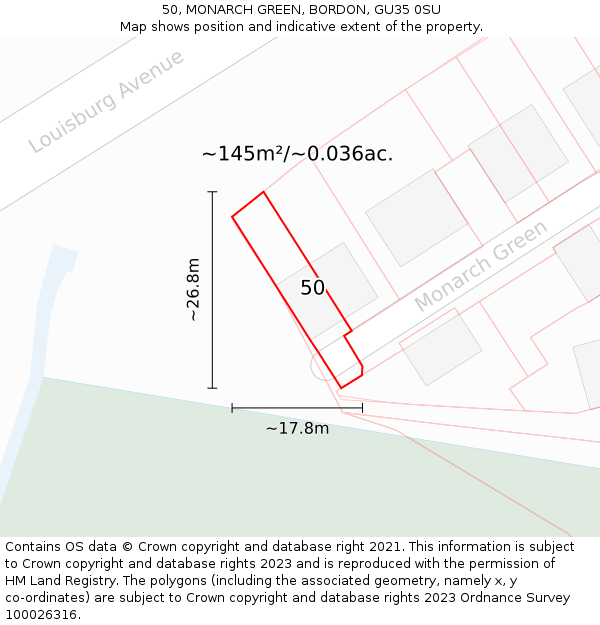 50, MONARCH GREEN, BORDON, GU35 0SU: Plot and title map