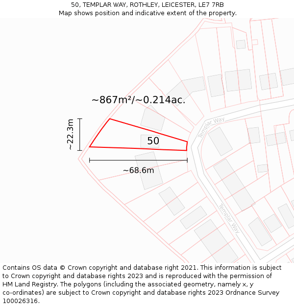 50, TEMPLAR WAY, ROTHLEY, LEICESTER, LE7 7RB: Plot and title map