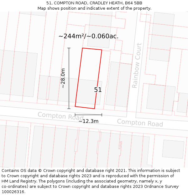 51, COMPTON ROAD, CRADLEY HEATH, B64 5BB: Plot and title map