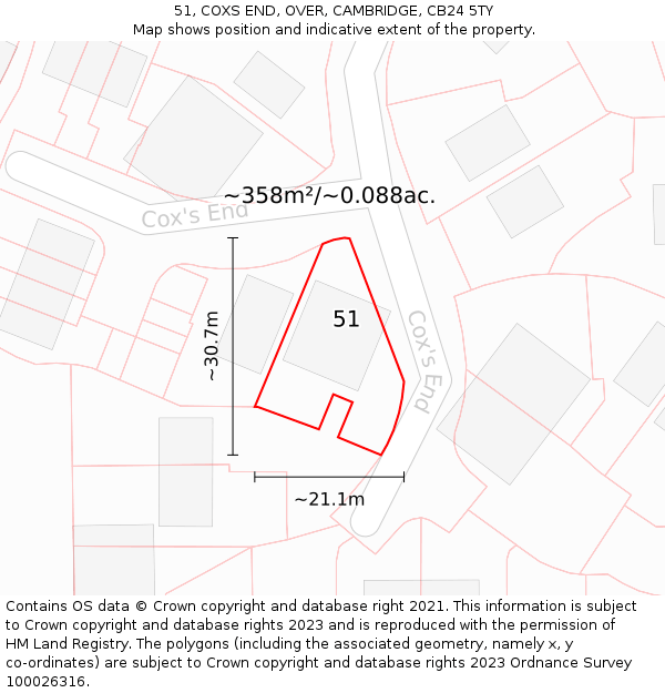51, COXS END, OVER, CAMBRIDGE, CB24 5TY: Plot and title map