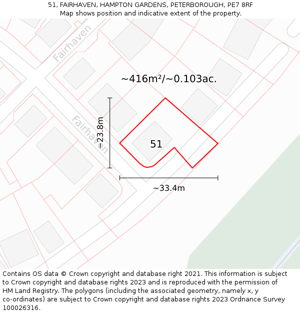 51, FAIRHAVEN, HAMPTON GARDENS, PETERBOROUGH, PE7 8RF: Plot and title map
