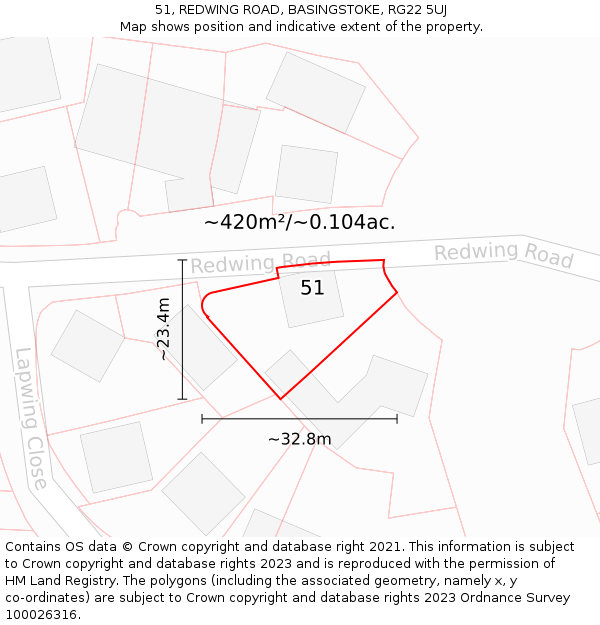 51, REDWING ROAD, BASINGSTOKE, RG22 5UJ: Plot and title map