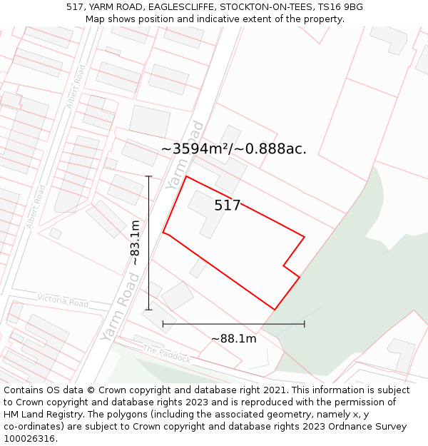 517, YARM ROAD, EAGLESCLIFFE, STOCKTON-ON-TEES, TS16 9BG: Plot and title map