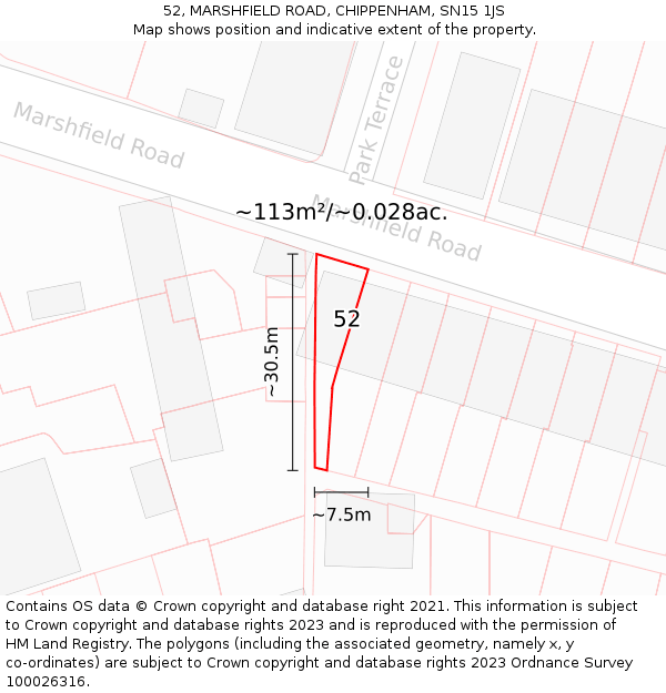 52, MARSHFIELD ROAD, CHIPPENHAM, SN15 1JS: Plot and title map