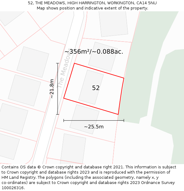 52, THE MEADOWS, HIGH HARRINGTON, WORKINGTON, CA14 5NU: Plot and title map