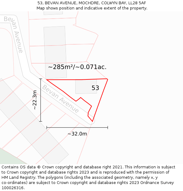 53, BEVAN AVENUE, MOCHDRE, COLWYN BAY, LL28 5AF: Plot and title map